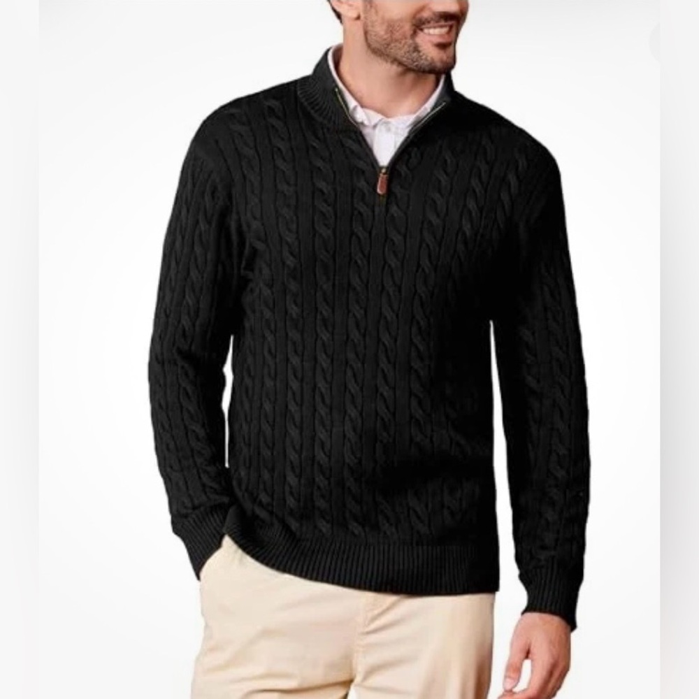 Nautica Men’s Quarter Zip Black Cable Sweater Size XL
